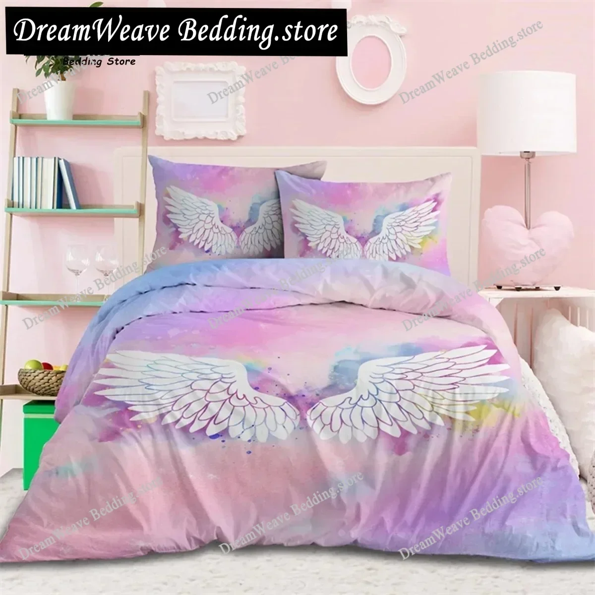 Angel Wings Duvet Cover Set King for Kids Girl Teen Room Decor Abstract Cartoon Art Print Bedding Set Microfiber Comforter Cover
