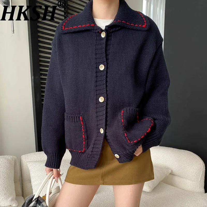 

HKSH Autumn Winter New Women Sweater Color Block Turn-down Collar Single Breasted Pockets Elegant Casual Ins Knitted Top HK17084