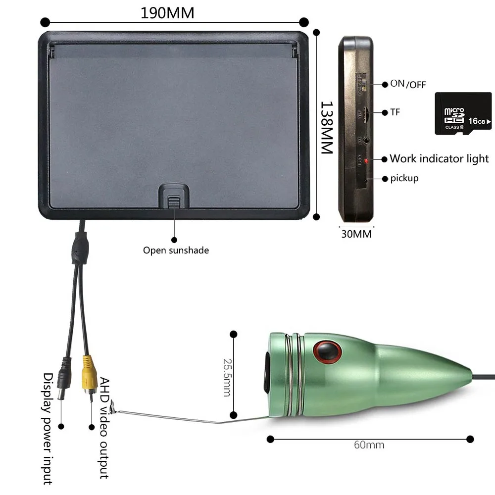 7'' Fish Finder Underwater Fishing MAOTEWANG 1080P Camera Kit WIFI Wireless 16GB Video Recording DVR+15M/20M 6W IR/White Camera