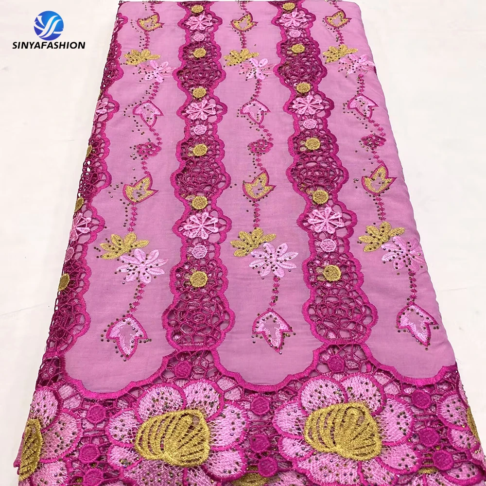 

Sinya Latest Pink African Cotton Laser Swiss Voile Lace Fabric In Switzerland 2024 High Quality Embroidery Guipure Cord Lace