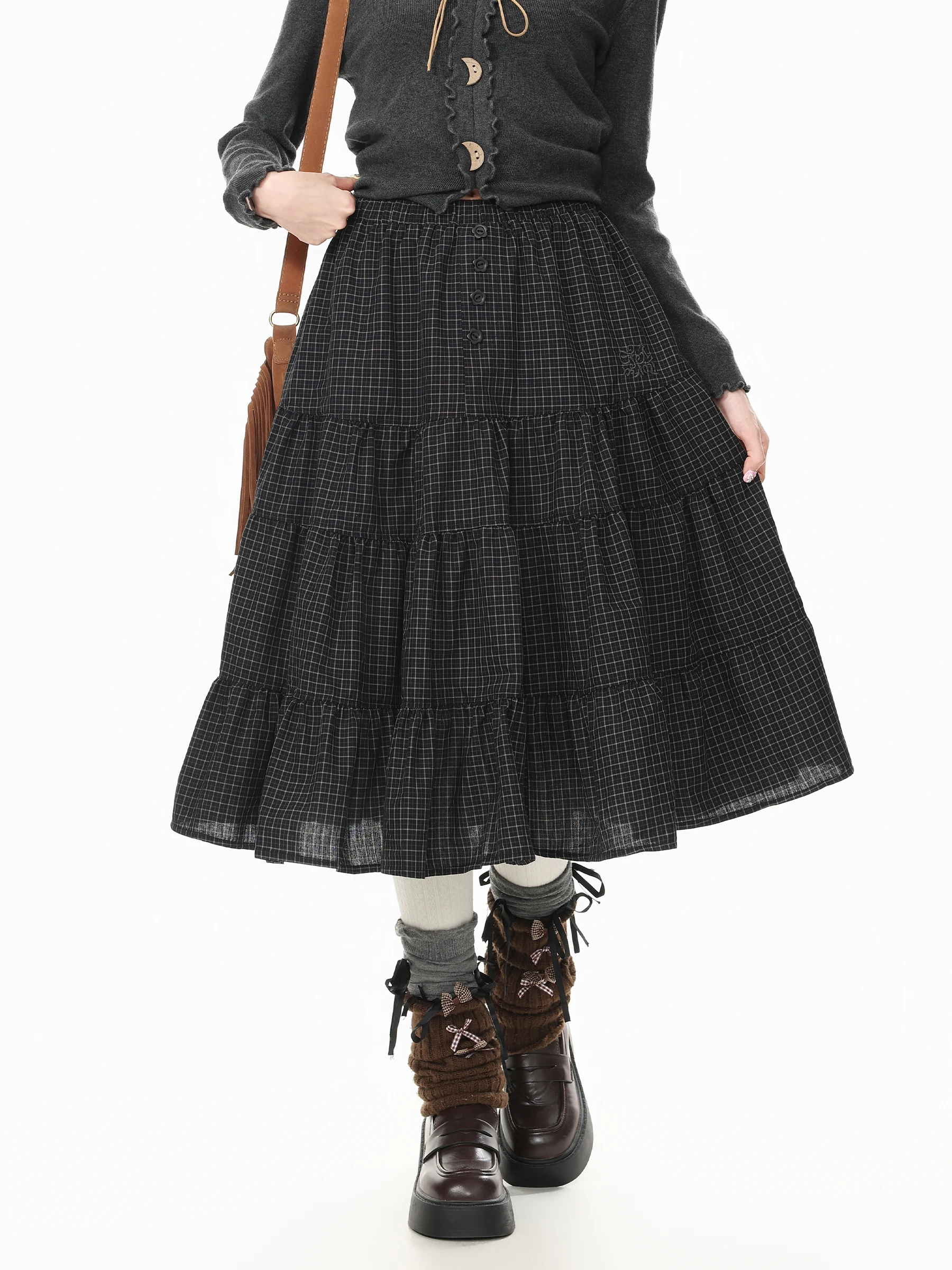 Blue Ghost Park Languid Park Plaid Puffy Midi Skirt Casual Women's A-line  Skirt Standard Fit Cotton Blend Casual Wear