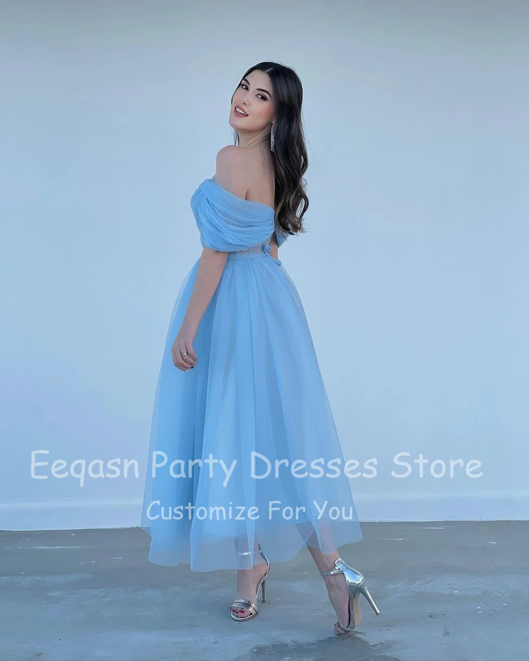 Bafftafe Customized Sky Blue Short Prom Dresses Corset Back Tea-Length Evening Gowns Formal Wedding Party Bridesmaid Dress