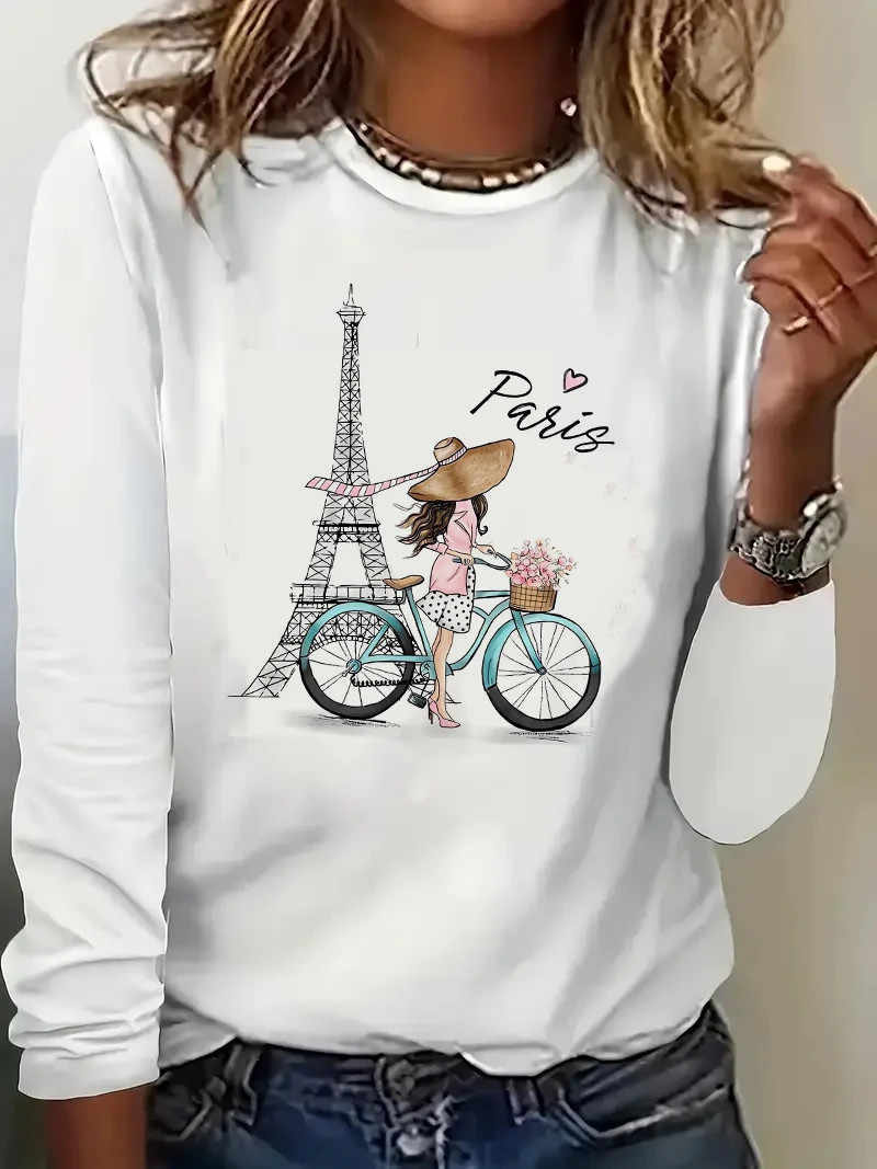Top de manga larga Y2k Paris Girl con camiseta de bicicleta Camiseta casual de manga larga para mujer Camiseta con cuello redondo