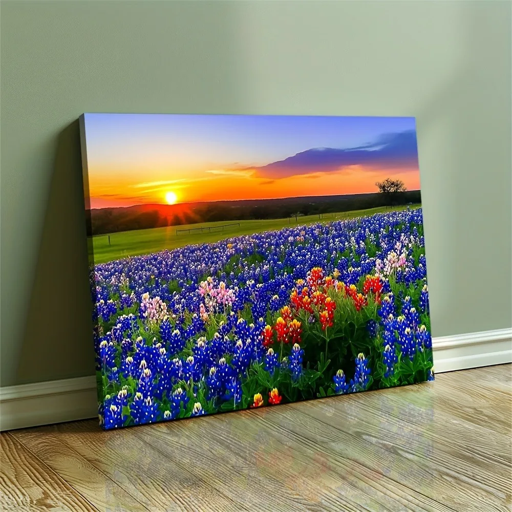 

1.5 "thick pine frame Blue lily sunset canvas art, vibrant wildflower landscape wall decoration,suitable for interior decoration