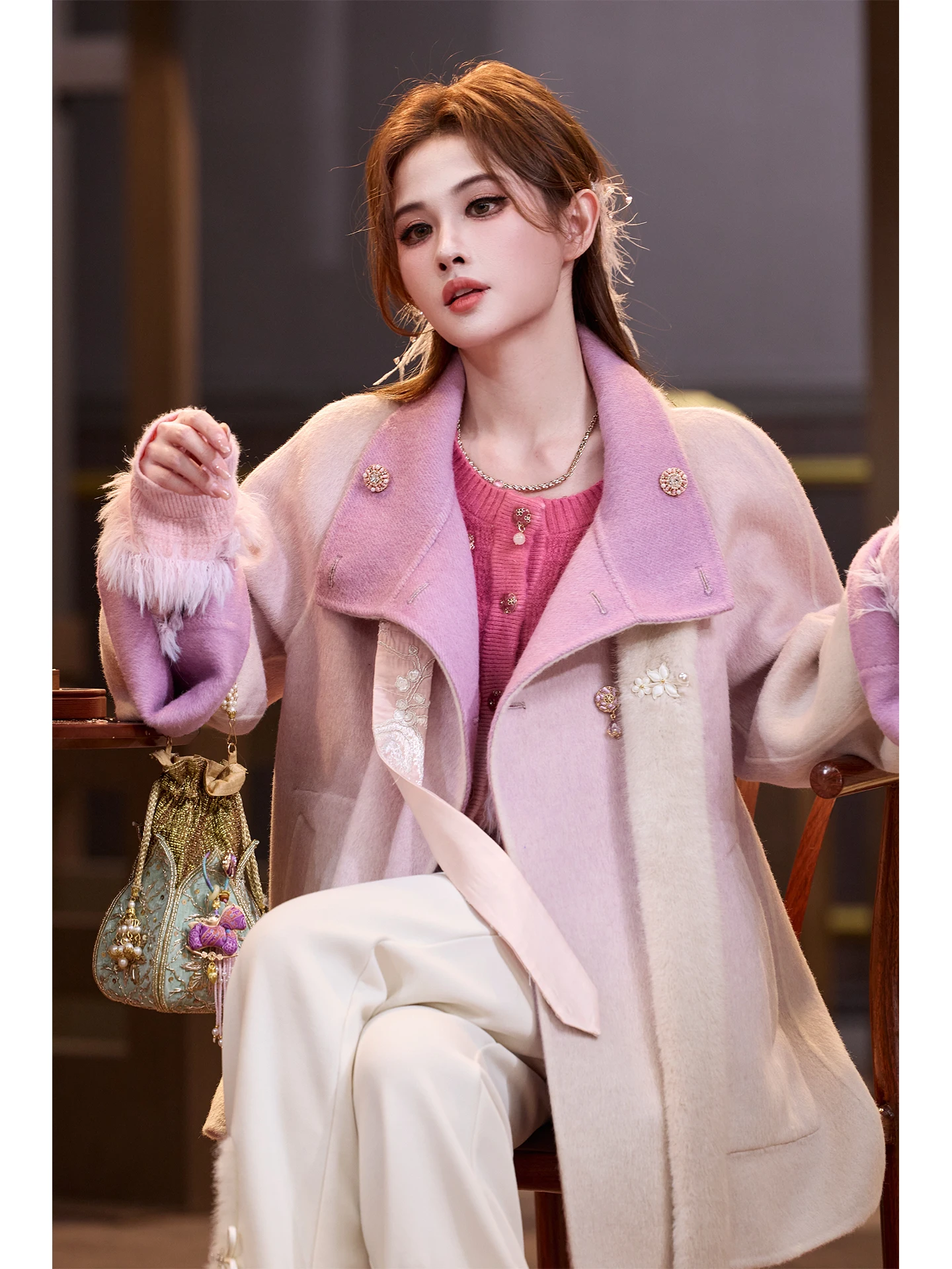 

Chinese Sle Heavy Embroidered Button Double Face Rabbit Fur Wool Coat TUNT Autumn Winter Faion Ele Casual Long Sve