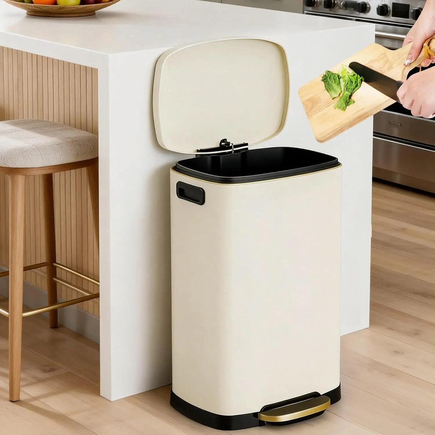 13 Gallon Kitchen Stainless Steel Pedal Trash Can, Soft Close Lid Foot‑Operated Garbage Bin with 20 Trash Bags for Home Office
