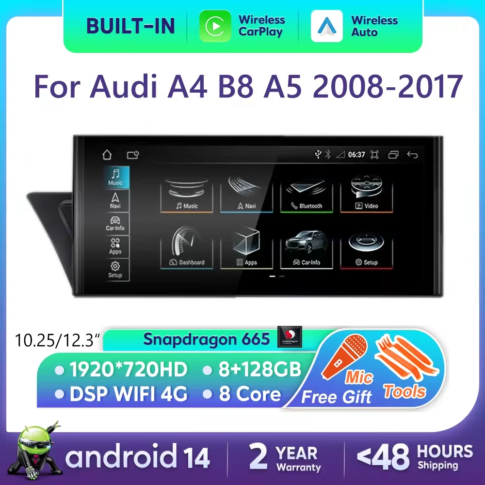 For Audi A4 B8 A5 2008-2017 MMI 2G 3G CarPlay Android 14 Car Multimedia IPS Screen GPS  Auto Radio Navigation Stereo DSP