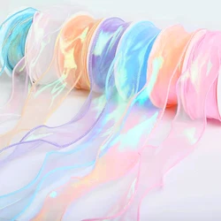 5Yards 4cm Fishtail Organza Lint Reflecterende Iriserende Golvende Rand Lint voor Cadeaupapier DIY Boog Boeket Bruiloft Voile lint