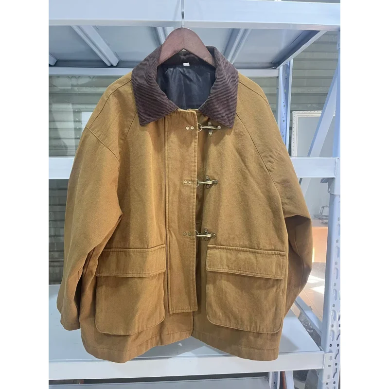 2025Veste en coton à col rabattu pour femmes, mode automne européenne et américaine, décontractée, ample et amincissante