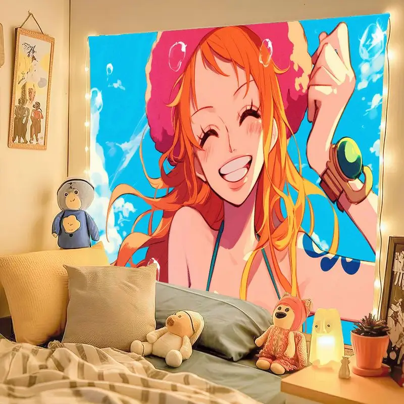 1 قطعة نسيج شخصية الرسوم المتحركة الملونة مع الشعر البرتقالي قبعة الوردي الأزرق بيكيني أعلى ، السماء الزرقاء خلفية جدار الفن لعمل مريح