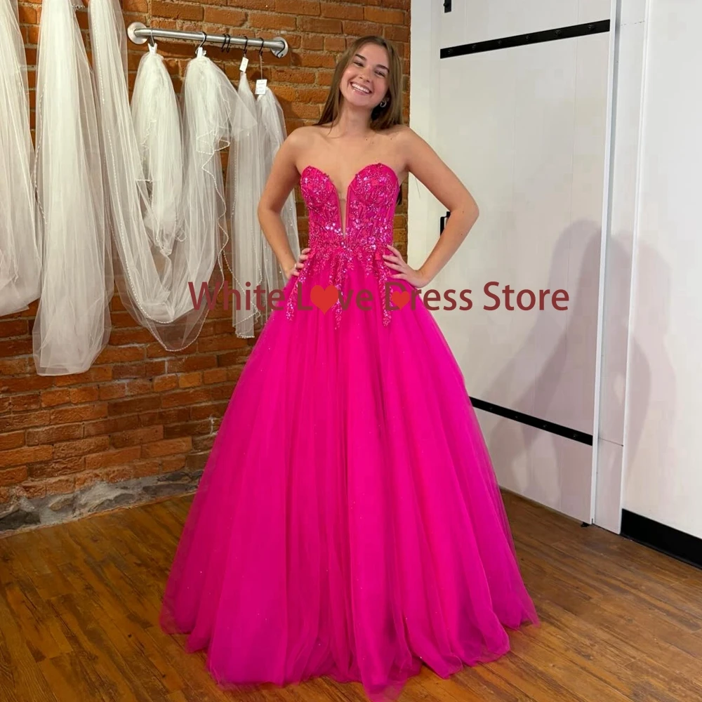 

Hot Pink Puffy Prom Ball Gown Fashion Strapless Sequin Appliques Princess Evening Dress for Party Tulle Wedding Dress Customized