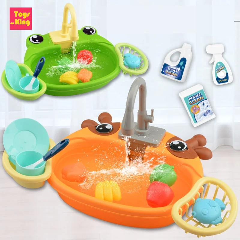 Crianças's Crab Elétrica Lava-louças Brinquedos, Água Circulação Torneira Pratos Set, Cozinha Jogar, Finja Jogar, Torneiras Pia de água, Girl Home Game