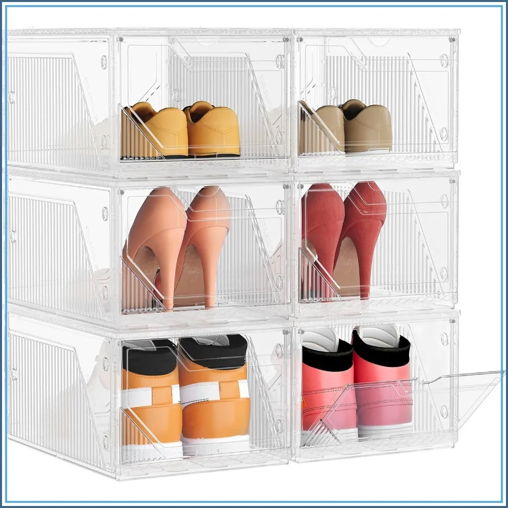 

Stackable Clear Plastic Shoe Storage Organizers, Set of 6, Expandable Vertically or Horizontally, with Magnetic Doors, up to US Size 12