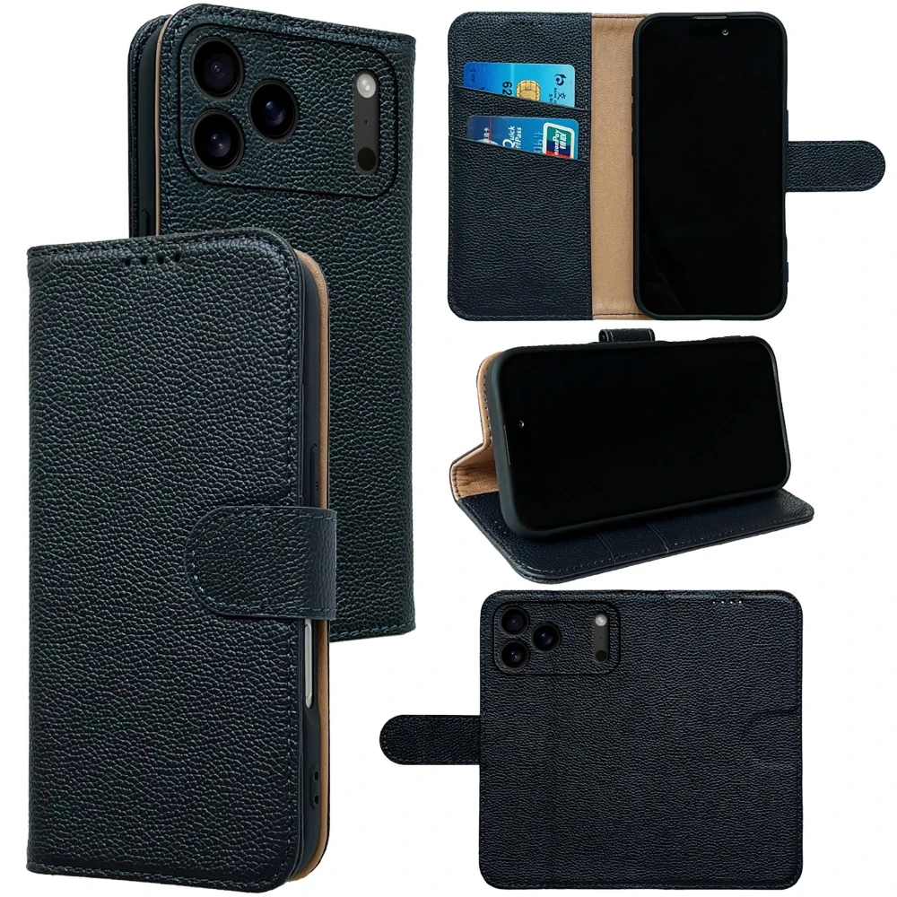 

Чехол для телефона из натуральной яловой кожи 17 Pro Max Litchi для iPhone 17 Pro Max с пряжкой и откидной крышкой для карт, кошелек, объектив, бампер, корпус