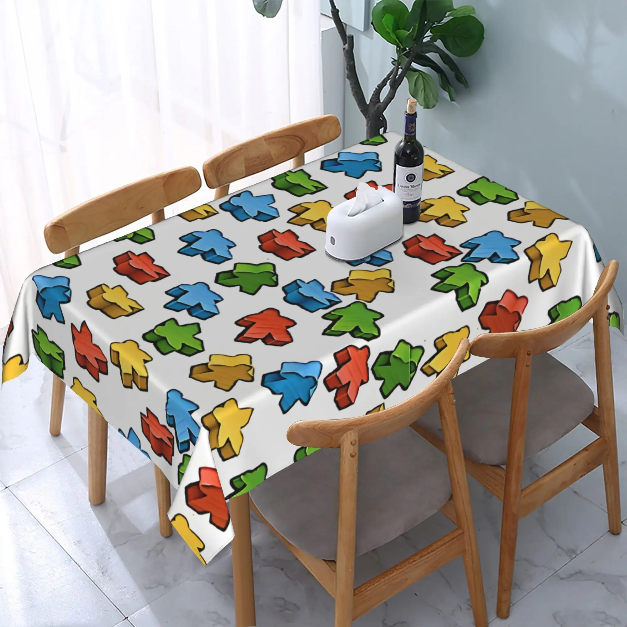 Board Game Meeple Tablecloth, White Base With Vivid Color Game Token Pattern, Waterproof Table Cover for Party & Daily Use