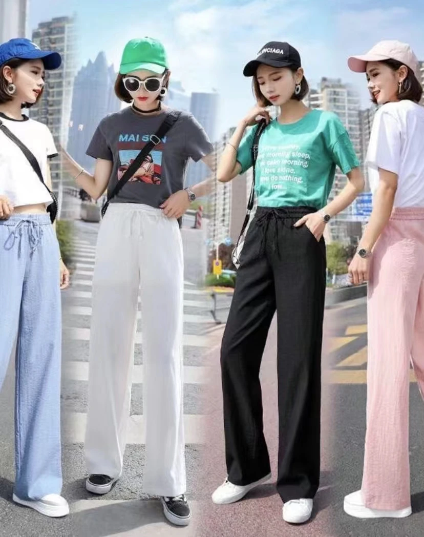 Grande taille femmes cheville longueur jambe large pantalon décontracté été solide taille élastique ample glace soie pantalon printemps été femme pantalon