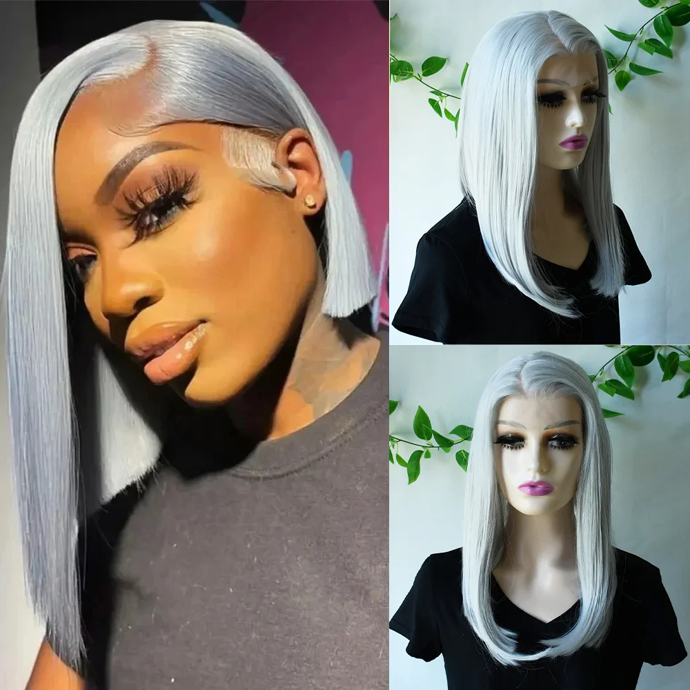 

Silver Grey Bob Lace Front Wig Glueless 13X4 Straight Lace Frontal Wig Preplucked 180% Density Cosplay Party