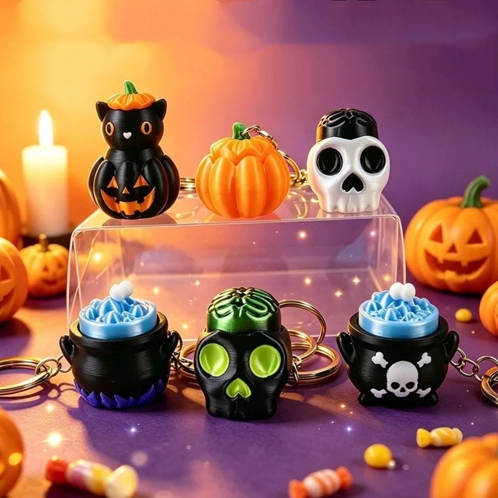 3D Printed Halloween Pumpkin Clicker Keychain Witch Pot Gothic Style Mini Button Fidget Pocket Keyring Black Cat