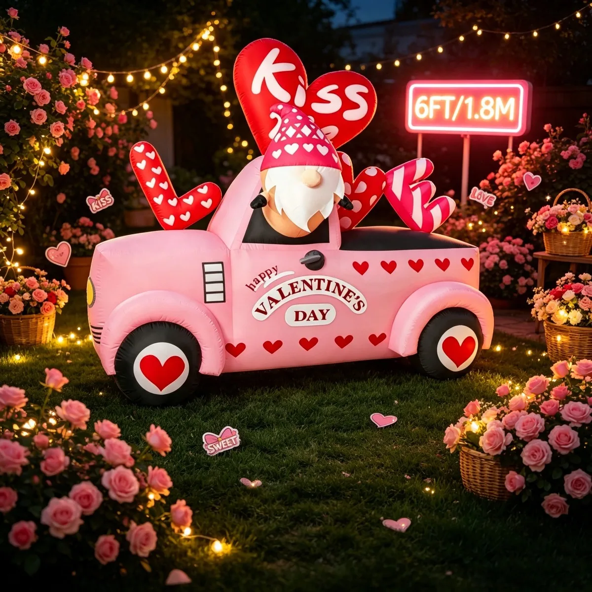 Valentine Day Pink Truck Gnome Inflatable Toys Outdoor Holiday Decorations Love Heart Blow Up Yard Ornament