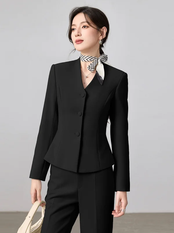 Professional Office Suit V-Neck Women's Jacket Slim Fit Autumn New Style Elegant Miniature Business Suit Set Polyester Fiber