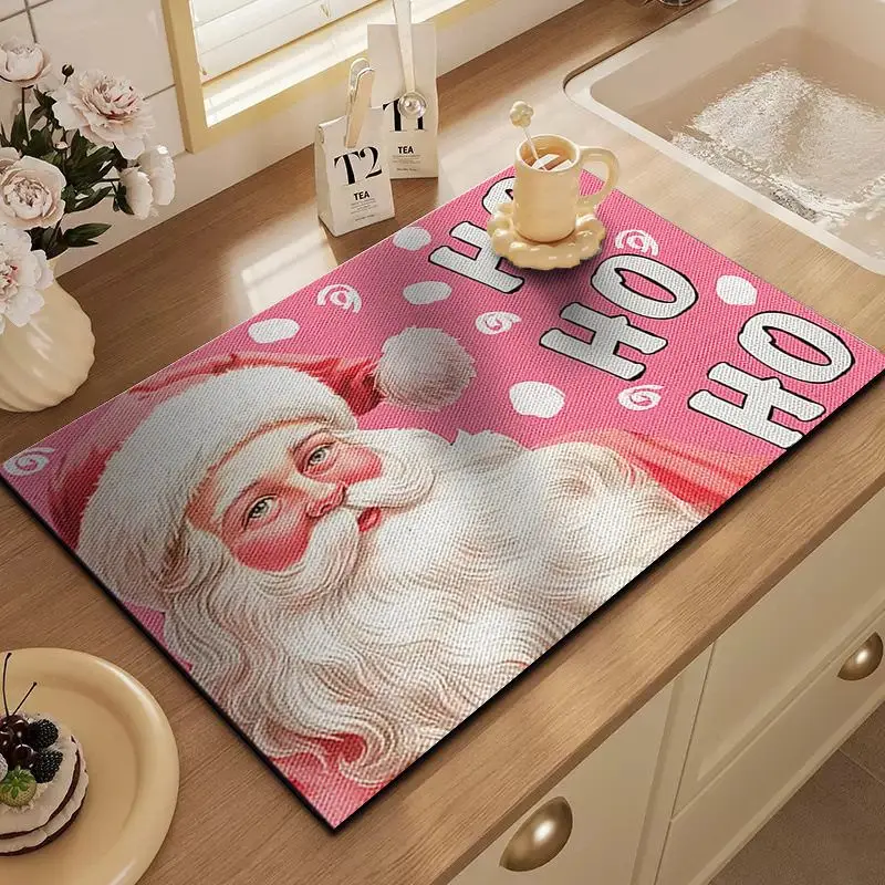 VIKAMA Christmas Drying Mat Pink Santa Face Ho Ho Ho Polka Dot Print Washable For Kitchen Counter Dining Room Coffee Decor