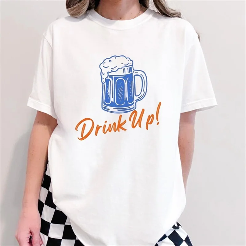 

Women's Trendy Beer Club Printed Cartoon Fun Pattern Cute Pop Top Summer O-Neck Women's Street Casual Style White T-Shirt