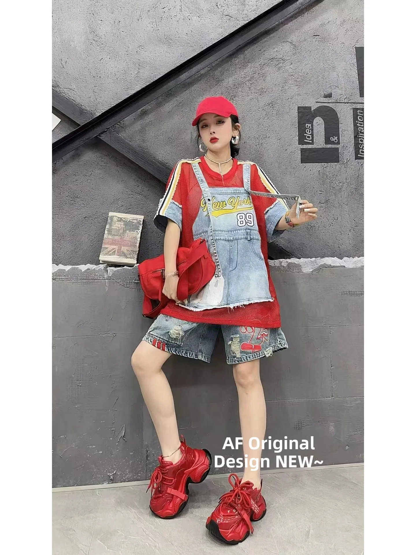 

Women's Summer 2026 Loose Hollow out Short Sleeve T-Shirt Denim Patchwork Button Digital Print Clean Fit round Neck Top
