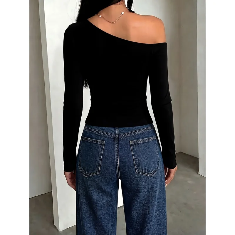 Solid Color Chic Off-Shoulder Long Sleeve T-Shirt for Women, Spring/Autumn Slim Fit Shoulder-Revealing Designer Base Layer Top