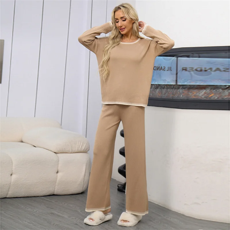 

Elegant Show-V-Neck Striped Knitted Bat Jumper for Women, Loose Wide Leg Trousers, Color Blocking, Autumn and Winter 2025
