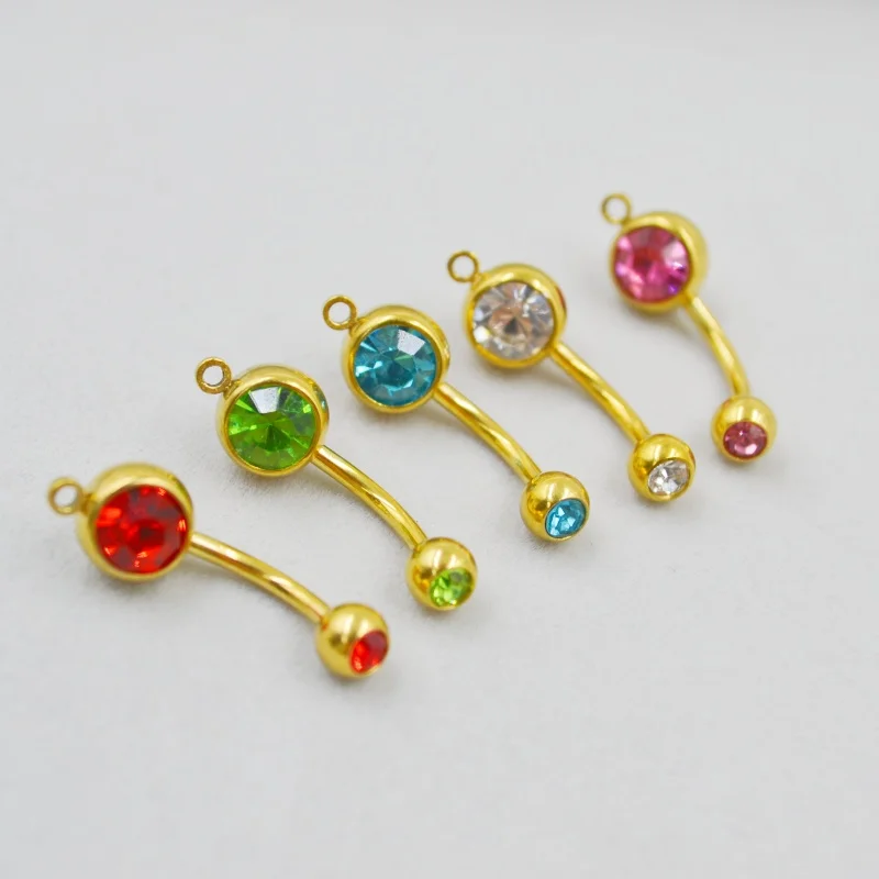 50pcs Body Jewelry Double Gems Navel Rings Belly Button Bar Navel Piercing + Circle DIY Jewelry  PVD Gold Color 14g