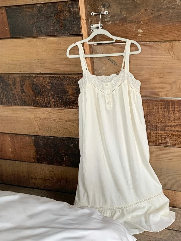 2025 New Pure Cotton Sweet Girl Suspender Nightdress French Simple Lace Pajamas Dress Breathable Skin-friendly Casual Loungewear