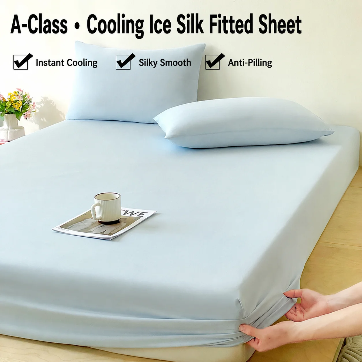 Cooling  Polyester Spandex Fitted Sheet, Ice Silk Cool Touch Mattress Protector, Solid Color Single Piece, Anti-slip For Summer