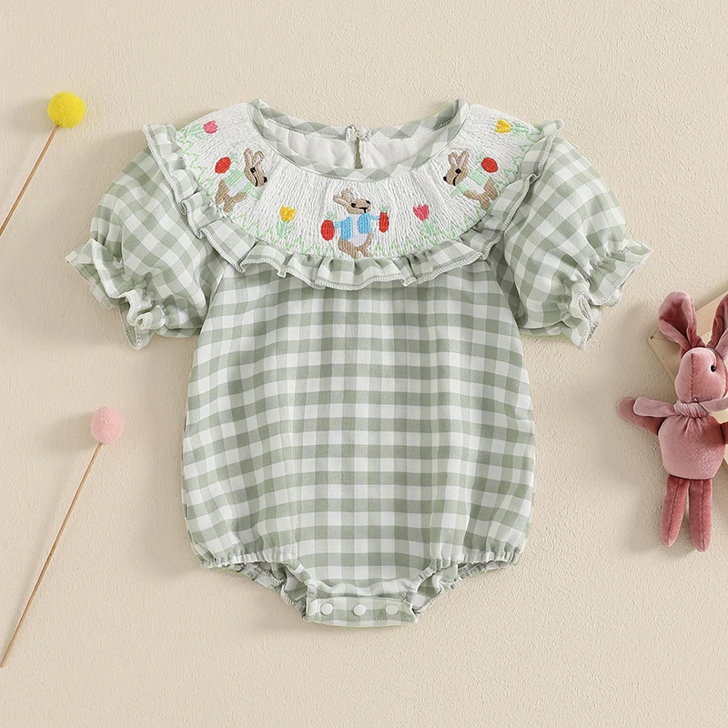 Baby Girl Easter Outfit Bunny Embroidery Smocked Bubble Romper Plaid Short Sleeve Bodysuit Cute Summer Clothes