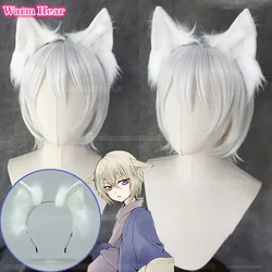 Anime Tomoe Cosplay Wig Silver White Short 28cm Wig And Ear Tomoe Heat Resistant Hair Halloween Party Unisex Wigs + Free Wig Cap