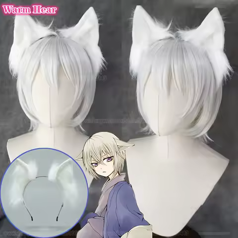 Anime Tomoe Cosplay Wig Silver White Short 28cm Wig And Ear Tomoe Heat Resistant Hair Halloween Party Unisex Wigs + Free Wig Cap