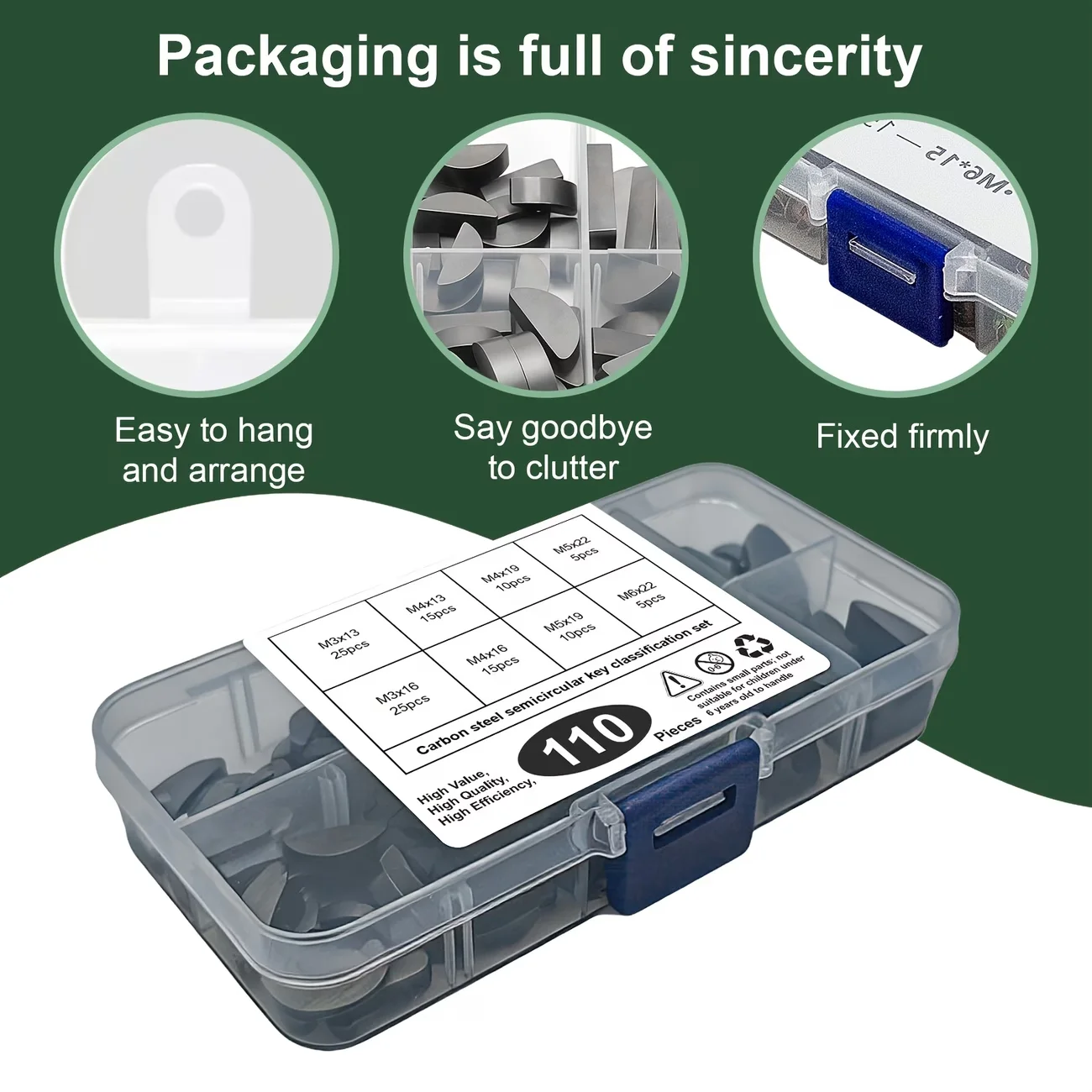 100pcs Carbon Steel Key Assortment Set Metric Half Moon Shaft Drive Fasteners Mechanical Industry Woodruff Keys Half Moon Set