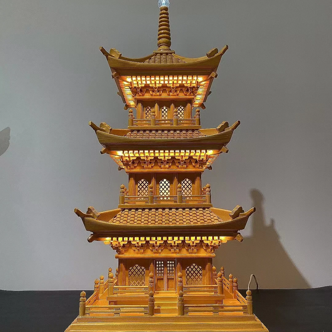 Wood carving ornament Wooden tower Four-corner tower Entrance study front desk decoration