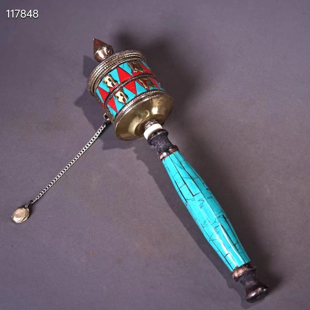 

Fine Tibetan Worship Prayer Wheel Meditation Mascot Magic Instrument Lucky Bless Inlay Gemstone