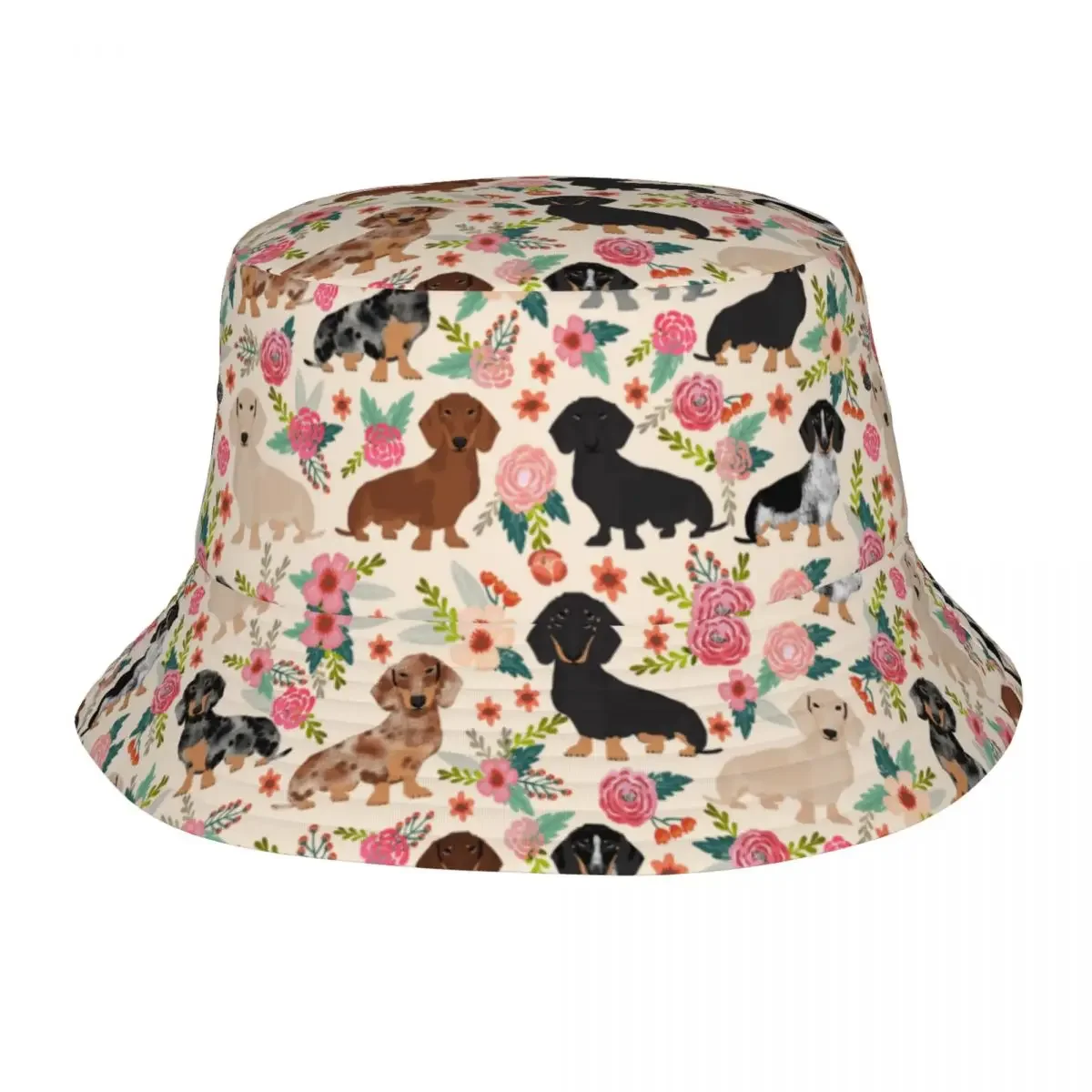 Summer Beach Getaway Headwear Dachshund Dogs Florals Merch Bob Hat Trendy Sun Hat Panamka Fishing Fisherman Caps Outdoor