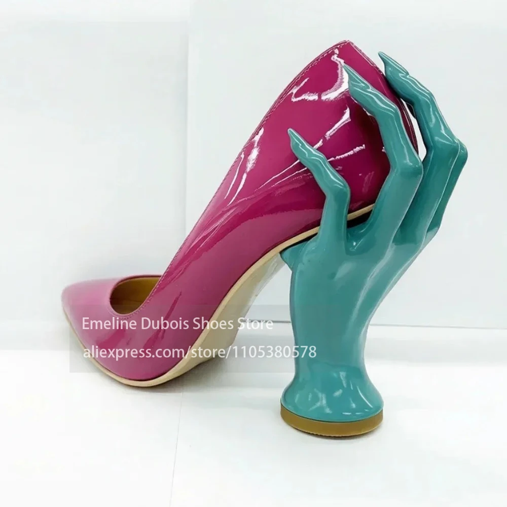 Glossy Patent Leather Hand Shaped Sculptural Heel Pumps Pointed Toe Slip on Pumps Weird Designer Style Women Party Club Runway view 2