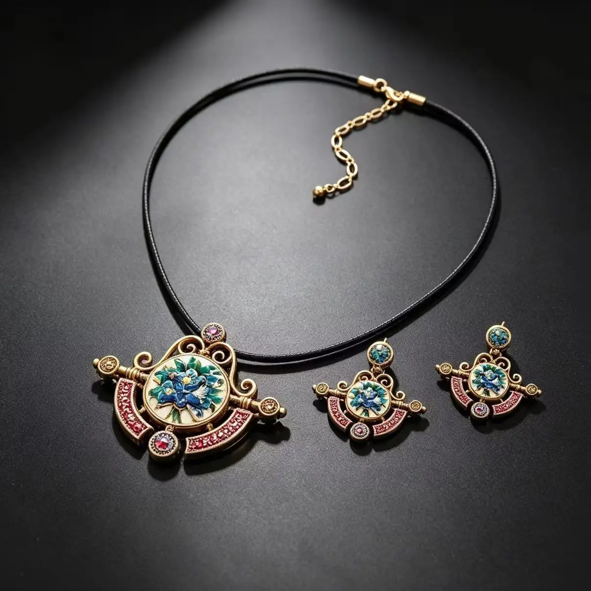 Western-Style Vintage Court Blue Enamel Set, Retro Distressed Floral Earrings and Necklace, Niche Craftsmanship Jewelry