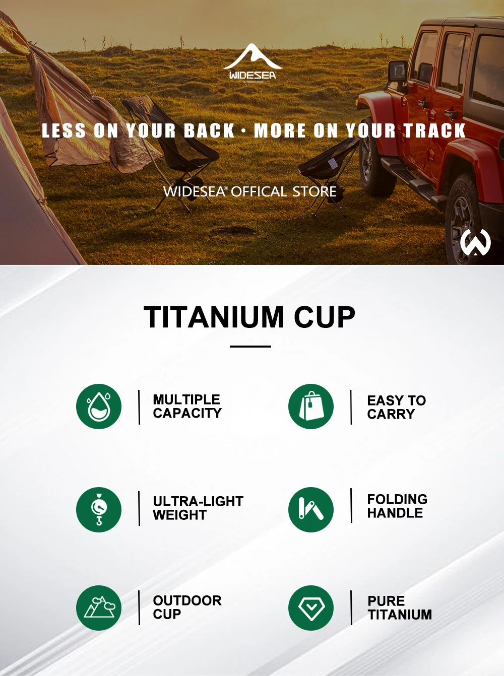 Widesea Ultraleichter Campingbecher aus reinem Titan mit klappbarem Griff, tragbarer Outdoor-Becher mit mehreren Kapazitäten für Wandern und Rucksackreisen – Detail 1