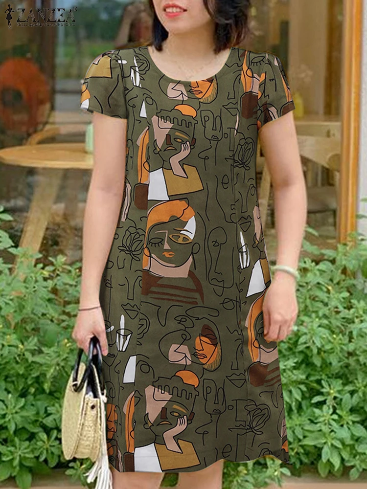 2025 여성 여름 Sundress ZANZEA 빈티지 꽃 프린트 드레스 Bohemain 무릎 길이 휴가 드레스 캐주얼 반소매 Vestidos