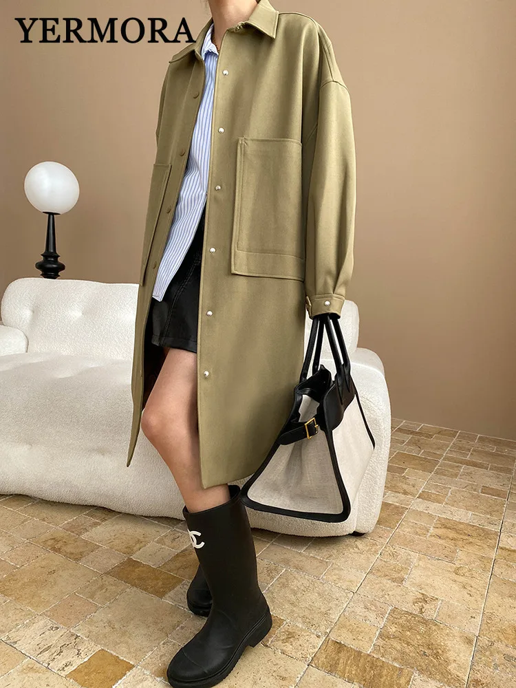 

YERMORA Khaki Big Pockets Buckle Brief Casual Trench For Women Lapel Long Sleeve New Windbreaker Fashion Spring Autumn 2025