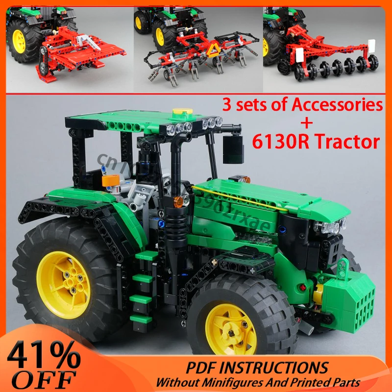 

MOC Farm 6130R Tractor with Rotary Tiller Disc Harrow Hay Tedder Model Building Blocks DIY Technology Bricks Children Toys Gifts