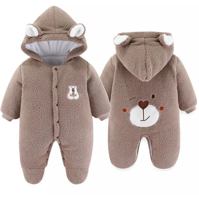 0-12M Cute Plush Bear Baby Boy Romper Infant Girl Overall Jumpsuit Autumn Winter Warm Fleece Hooded Baby Rompers Newborn Clothes