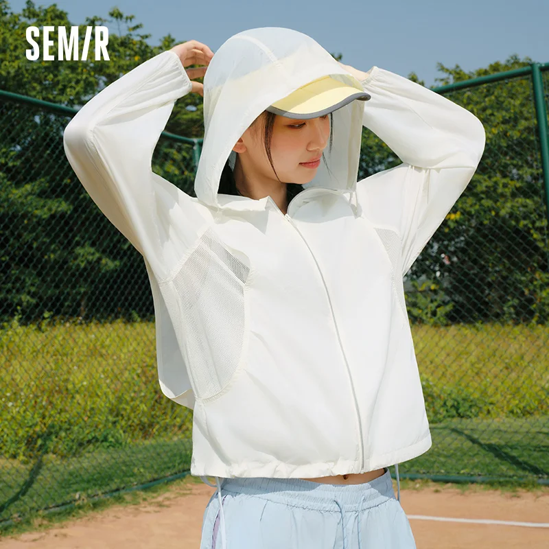 Jaqueta Feminina Semir UV 2026 com Toque Fresco, Detalhes em Tela, Solta, com Capuz e Cordão, Casual, para Atividades ao Ar Livre, Macia e Confortável