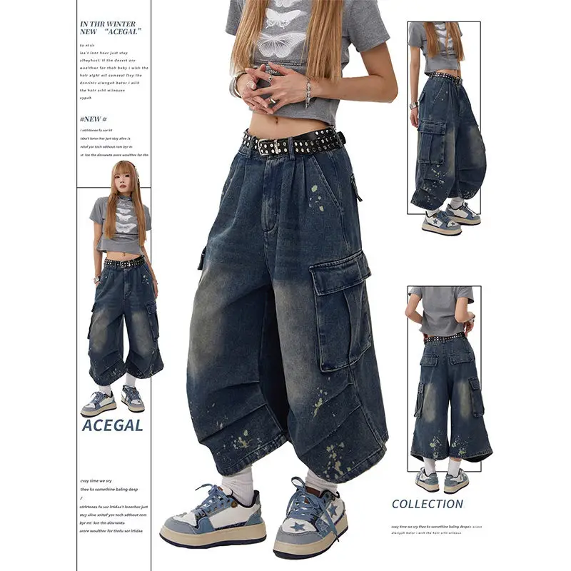 Retro Style Women’s Vintage Washed Workwear Denim Shorts with Multiple Pockets Pleated Design Loose Drapey Capri Pants