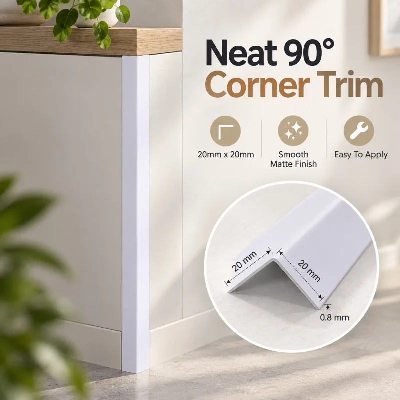 1PC 5Mx10MM PVC Flexible L Shape Corner Trim Strip, White Furniture Wall Corner Protector Molding for Cabinet Table Shelf