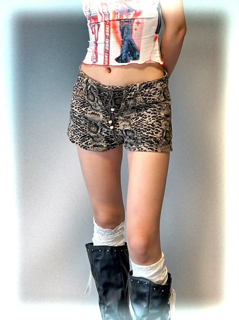 Japanese Summer Leopard Print Subculture Retro Denim Versatile Y2k Wasteland Maillard Low Waist Lace-up Design Shorts For Women